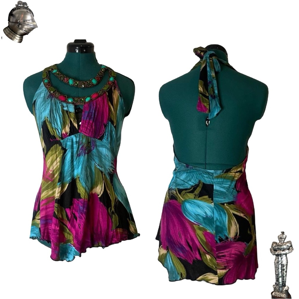 2000s vintage Y2K Venus blue and pink beaded asymmetrical floral halter top
